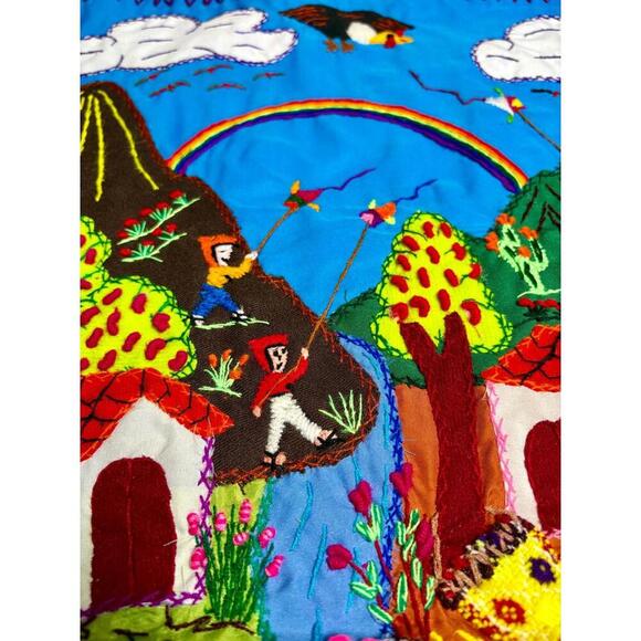 Handmade Peruvian Arpillera Wall Hanging Quilt 3D Folk Art Village Scene Decor - Picture 8 of 9